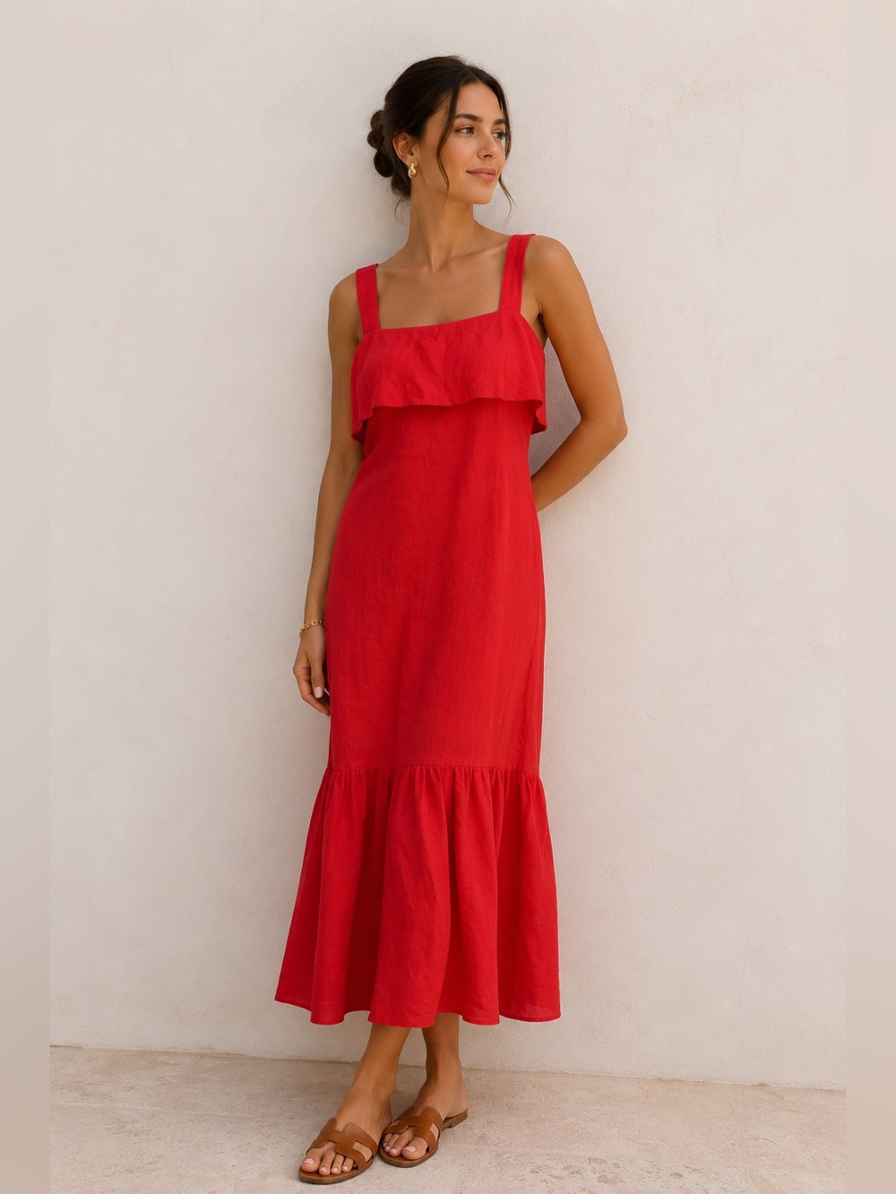 Magaschoni Tango Red Ruffle Midi Shift Dress Flowy‎ Effortless Statement Resort
